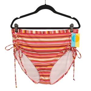 ISLAND RAYS Bikini Bottoms 3X Swim Pink White Yellow Stripe Print Lace Up NWT